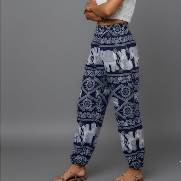 Pants - Boho Elephant Print Carrot Pants Blue